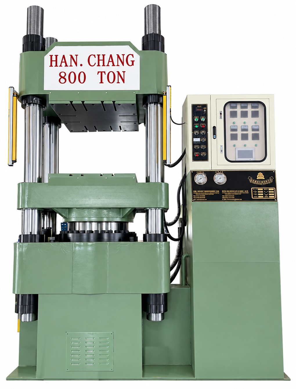 漢菖碳纖維與玻璃纖維熱壓成型機，800噸設備與控制櫃全貌
